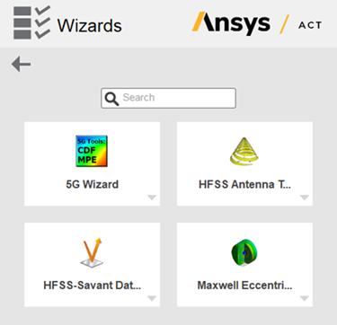 View of active wizards; includes 5G wizard, HFSS Antenna, HFSS-Savant, and Maxwell Eccentricity
