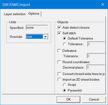DXF\DWG Import window's Options tab