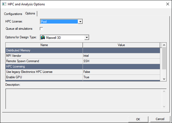 HPC and Analysis Options window with Options tab selected and Enable GPU set to true
