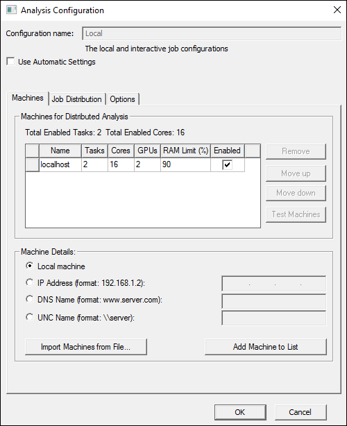 Analysis Configuration window with Machines tab selected and two cores enabled