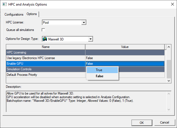 HPC and Analysis Options window with Enable GPU setting selected