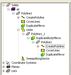 View of expanded Modeler History tree for waveguide combiner
