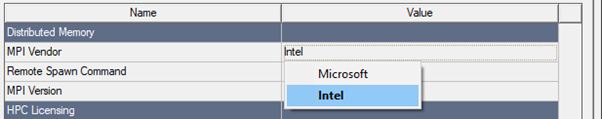 Distributed Memory's MPI Version setting, which includes Microsoft and Intel