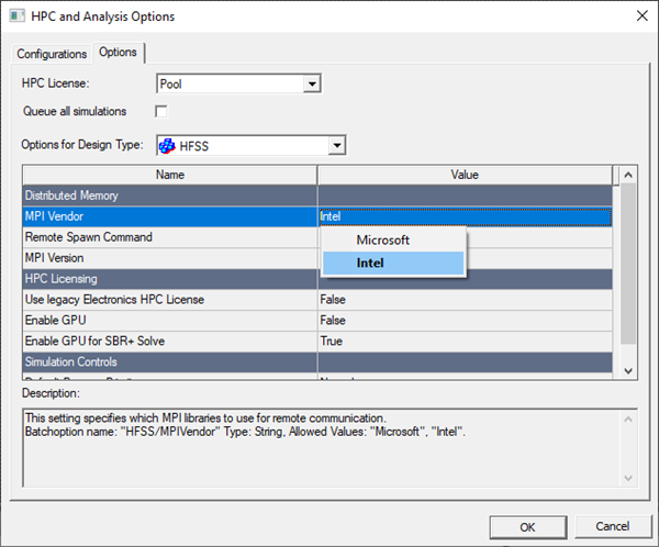 HPC and Analysis Options window with Options tab selected and MPI Vendor set to Intel