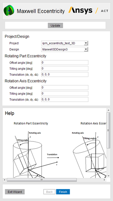 Wizard example that shows the Maxwell Eccentricity setup window
