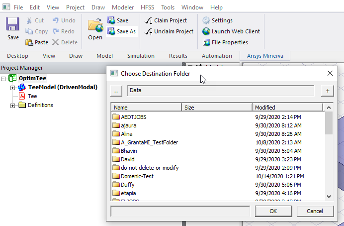 Minerva Save As function opens the Chooose Destination Folder window