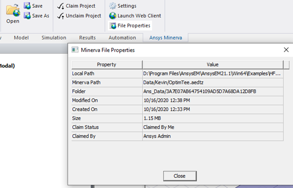 Minerva File Properties, including Claim Status and Claimed by