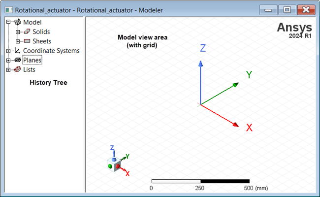 Modeler window with model view area and history tree highlighted