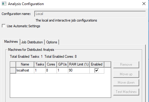 Analysis Configuration window with Machines tab selected and number of GPUs set to 1