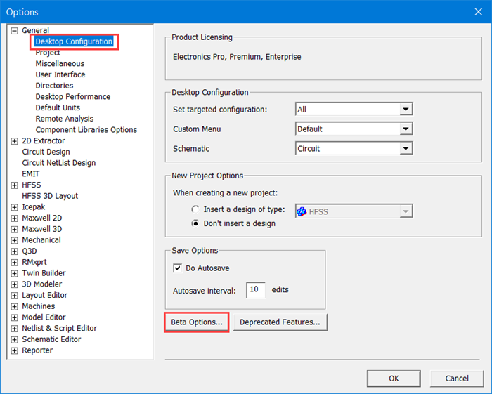 accessing beta options from the options dialog box