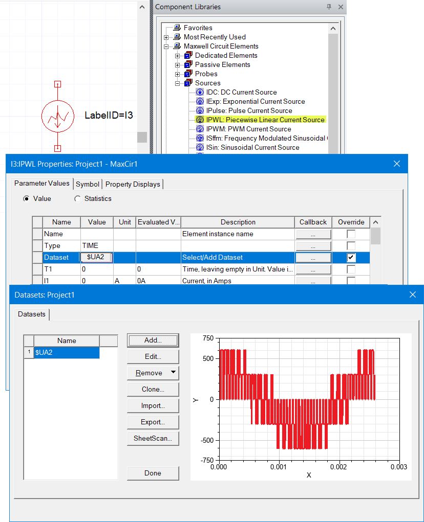 Piecewise Linear Current Source waveform defined with a dataset