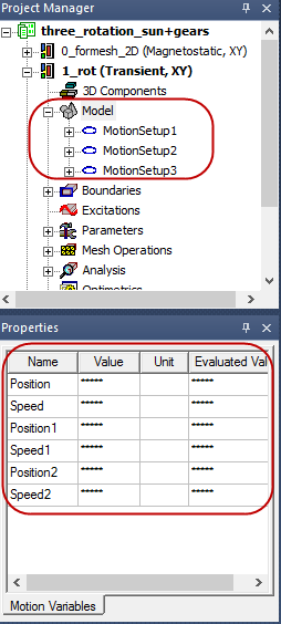Project Manager tree with transient motion setup