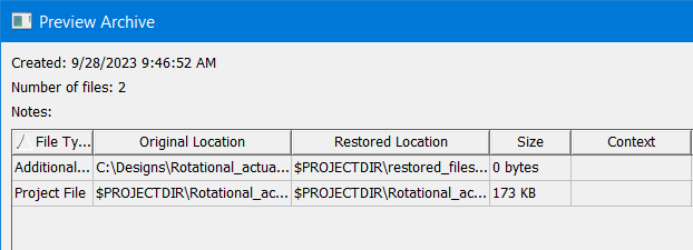 The File Archive Options subwindow:Preview Archive