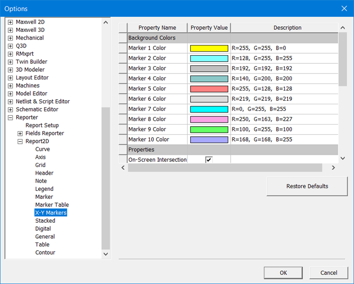 Tools Options window with the Reporter, Report 2D X-Y Markers option selected