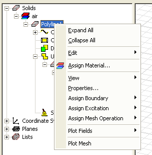 Shortcut menu for a Polyline solid