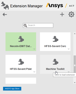 Extension Manager interfaces, including Nexxim EMIT, HFSS-Savant, and Machine Tool kit.