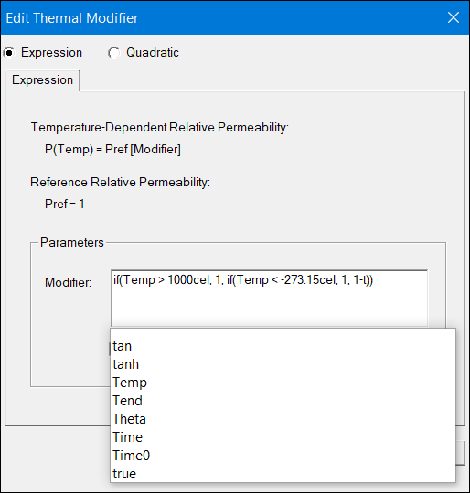 Autocomplete used define expression in Material Property's Edit Thermal Modifier window