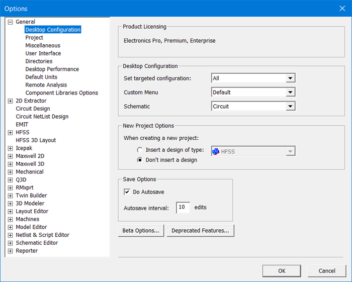 Tools Options window with Desktop Configuration selected