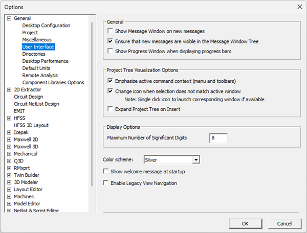  Tools General Options User Interface window
