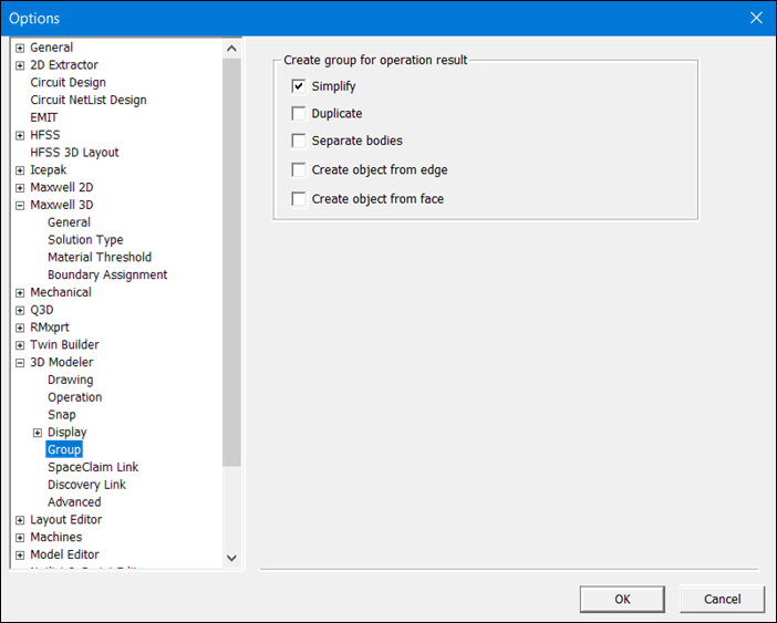 Tools Options window with the 3D Modeler Group settings