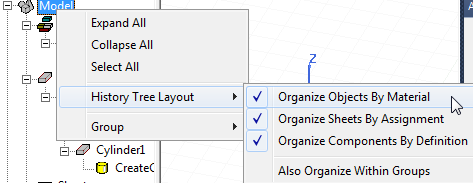 History tree's Model entry includes right-click options for History Tree Layout commands