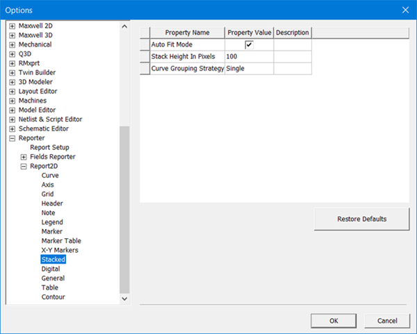 The Tools Options window with Reporter, Report 2D Stacked option selected