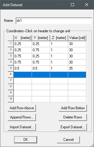 Add Dataset dialog box with row selected
