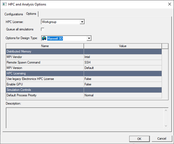 HPC and Analysis Options window's Options tab