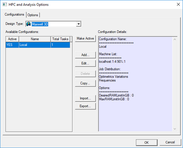 HPC and Analysis Options window with Configurations tab active
