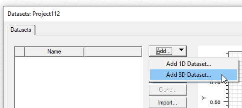 Dataset dialog for a project-level dataset; the Add 3D Dataset option is selected from the Add button