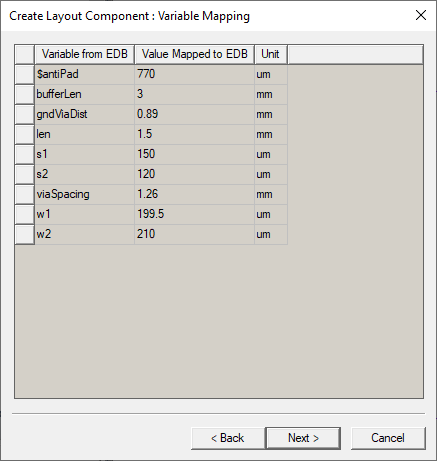 Create Layout Component dialog. Variable Mapping page.
