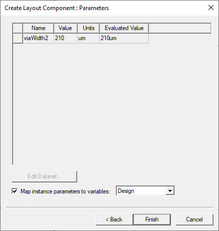 Create Layout Component dialog. Map instance parameters to variables enabled, set to Design