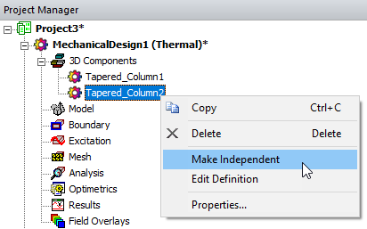 3D Component shortcut menu. Make Independant option highlighted.