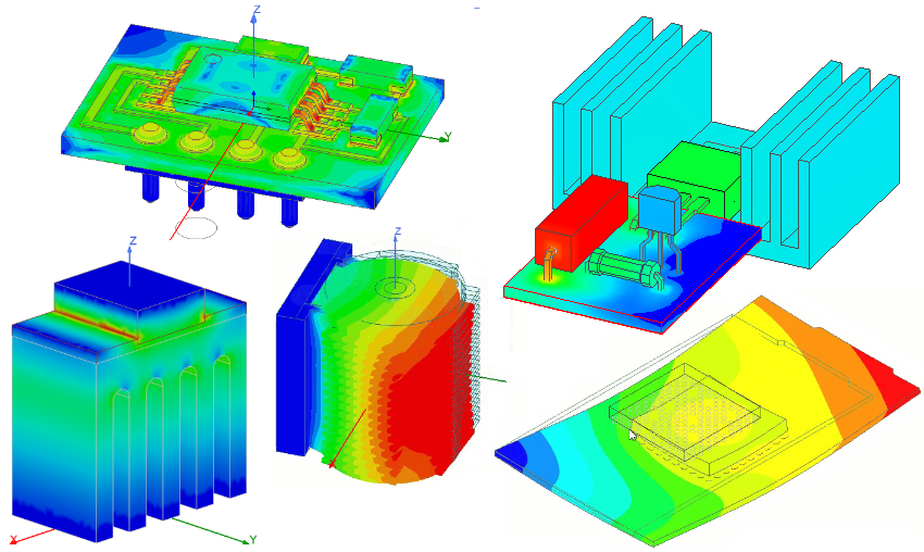 Five models in analysis result color contours. The models are PCB stress, current regulator, transistor with heat sink, motor housing, and substrate warpage.