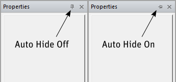 Two properties windows. In the first window, an arrow points at a verticle pin, the text reads Auto Hide Off. In the second window, an arrow points at a horizontal pin, the text reads Auto Hide On.
