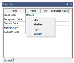 Properties dialog box, Visual Detail options listed, Medium selected.