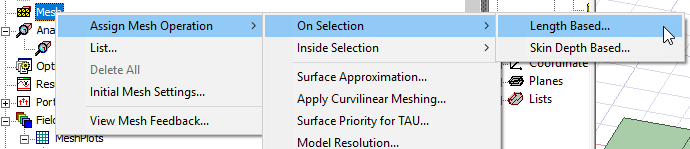 Shortcut menu, Assign Mesh Operation submenu expanded, On Selection submenu expanded, Length Based option highlighted.