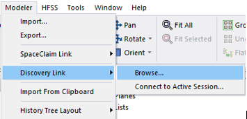Modeler menu, Discovery Link option highlighted, Browse selected.