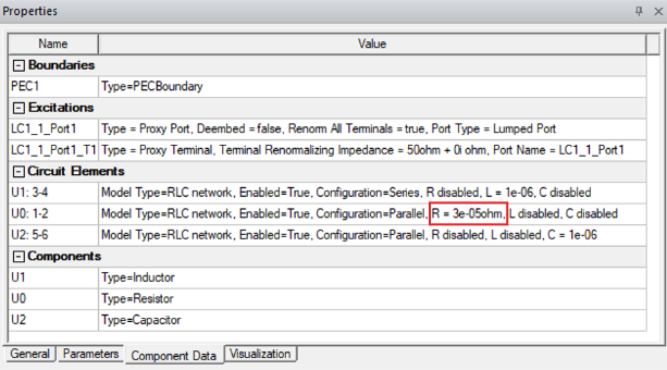 Properties window displyaing updated component information.