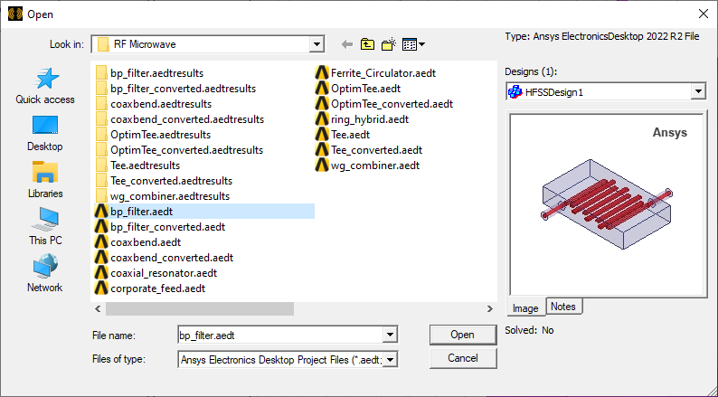 AEDT's file browser menu with preview of file open. AEDT's file browser menu with preview of file open.
