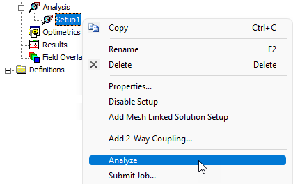 Right-click Setup menu, Analyze option highlighted.