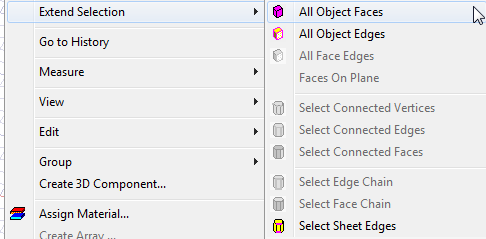 Extend selection submenu open. All object faces option highlighted.