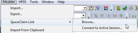 Modeler menu, SpaceClaim Link option expanded. Browse option selected.