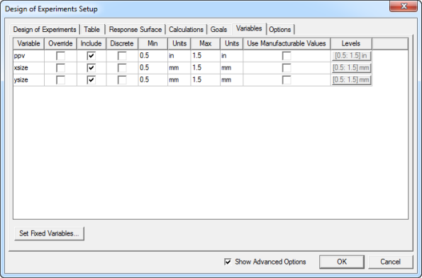 Design of Experiment Setup dialog, Variables tab.
