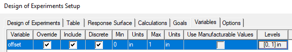 Design of Experiment Setup dialog, Variables tab, Discrete option enabled.