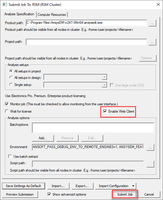 Submit Job To: RSM (RSM Cluster) dialog. Enable Web Client selected.