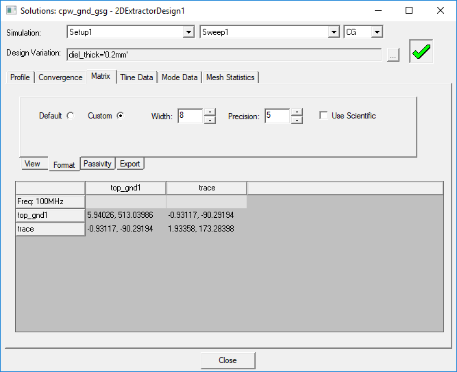 Solutions Window > Matrix > Format