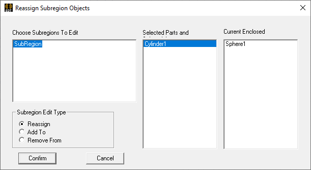 Reassign Subregion Objects dialog.