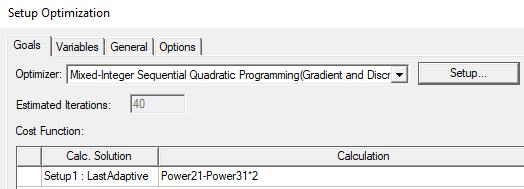 Setup Optimization window. Goals tab open, Optimizer Mixed0Integer Sequential Quadratic Programming (gradient and Discrete) selected.