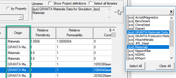 Materials list, origin column highlighted.